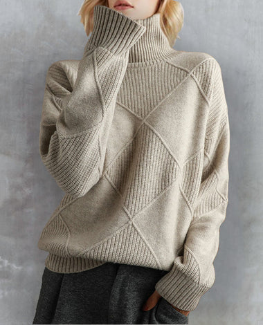 Women Elegant Turtleneck Loose Sweater Pure Color Knitted
