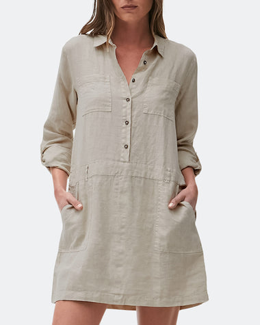 Casual Lapel Pocket Long Sleeve Solid Color Cotton Linen Midi Dress