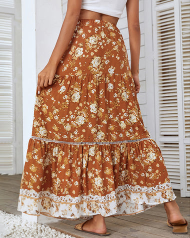 Bohemian Floral Skirt Elastic High Waist A- Line Tiered Flowy Beach Maxi Skirt