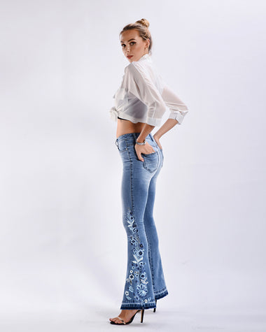 Stretch Embroidered Print Denim Wide Leg Trousers