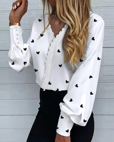 Print V Neck Lace Long Sleeves Shirt Blouse Button Loose Tunic Top