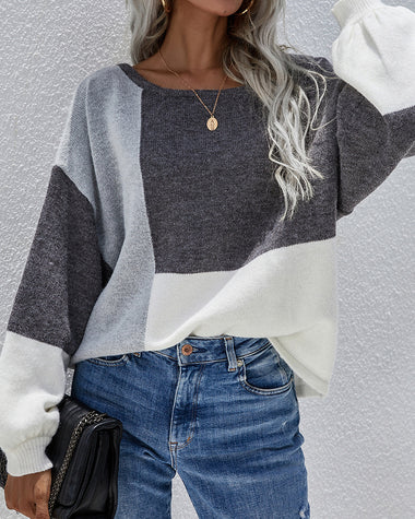Knitted Color Block Pullover Lightweight Loose Casual Sweater