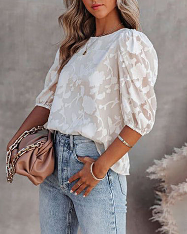 Five Quarter Sleeves Puff Sleeves Round Neck Top Chiffon Loose Flower Texture Casual Shirt