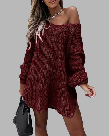 Loose Mid-length Off-shoulder V-neck Slit Knitted Sweater