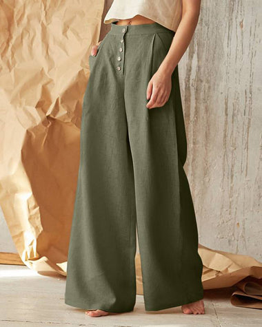 Solid Color High Waist Casual Button Wide Leg Pant