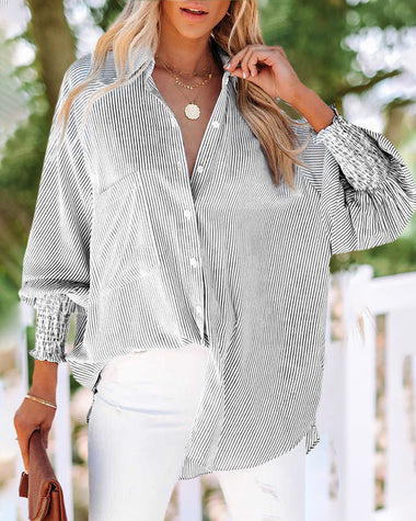 Stripe Button-Down Long Sleeve Shirt Contrast Business Casual Top Loose Blouse